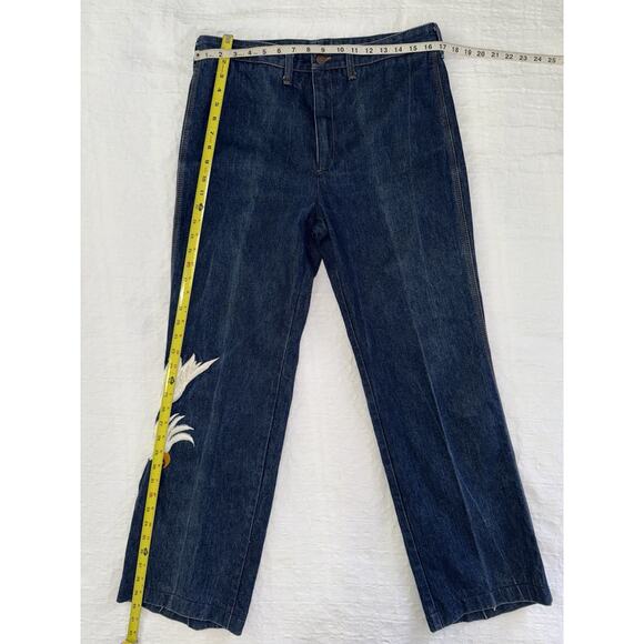 Vik Vizette Vtg 1970s Denim Jeans Embroidered Cockatoo Hippie Bell Bottom Sz 36 - Picture 7 of 16